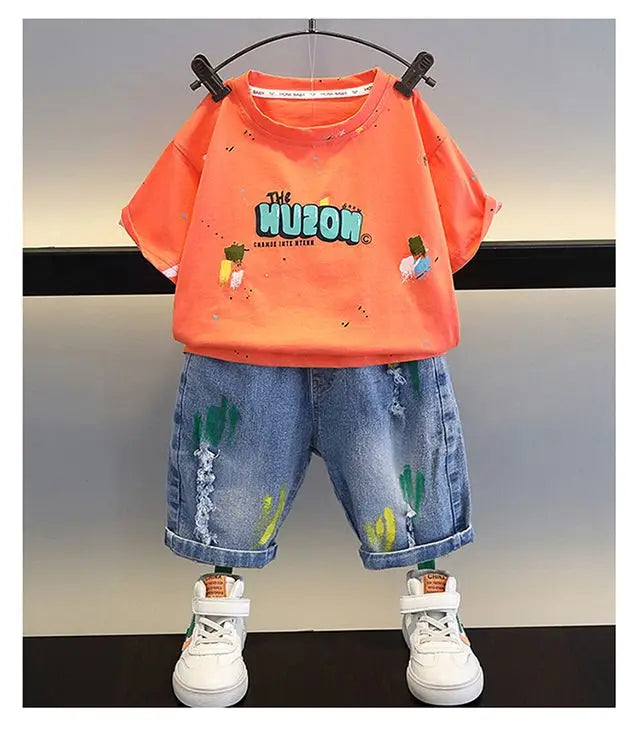 Children Clothing Korean Cotton Short Sleeve Print Shirt+Shorts Set for Toddler Boy Baby Summer Thin Casual Fashion Outfit