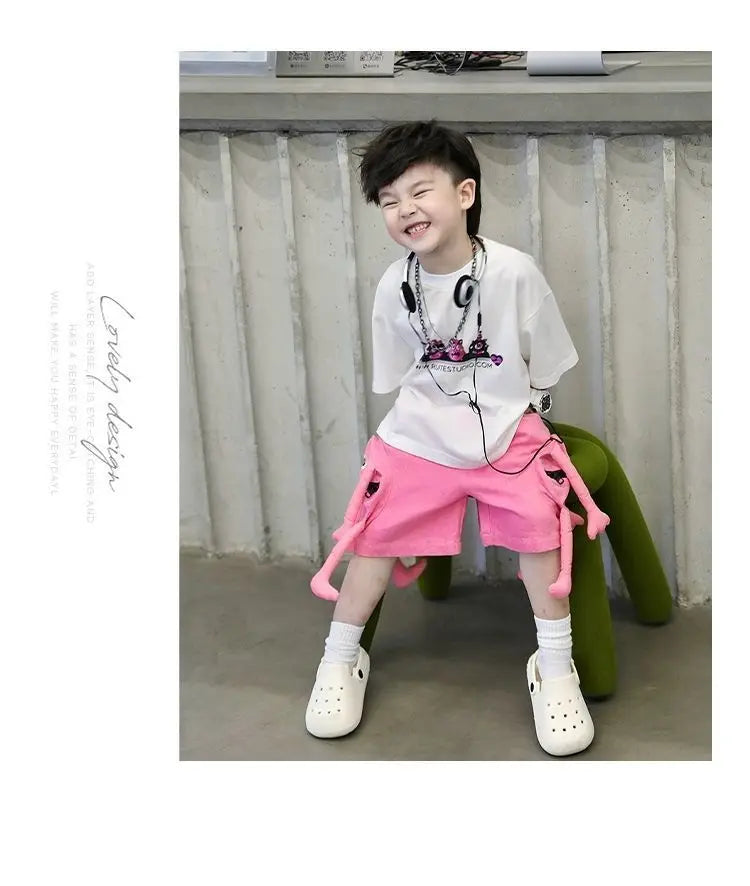 Korean Kids Clothes Boys' Summer Female Child Clothes Children's Printed Cotton Short Sleeved T-shirt Shorts 2piece Sports Set