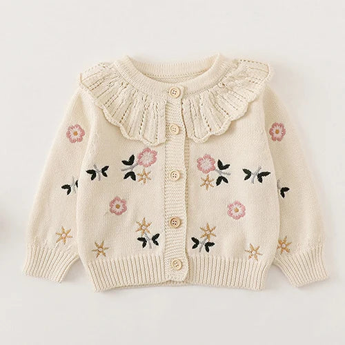 Winter Spring Baby Knitted Clothing Long Sleeved Floral Embroidery Knitting Coat Newborn Baby Girls Knitting Cardigan Sweater (Available)