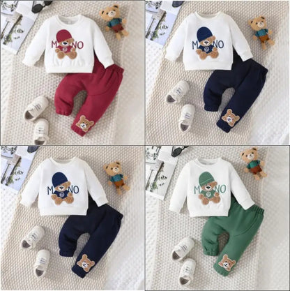 Boys and Girls Autumn and Winter New Cartoon Letter Hat Bear Embroidered Long Sleeve Hoodie Long Pants Two Piece Set