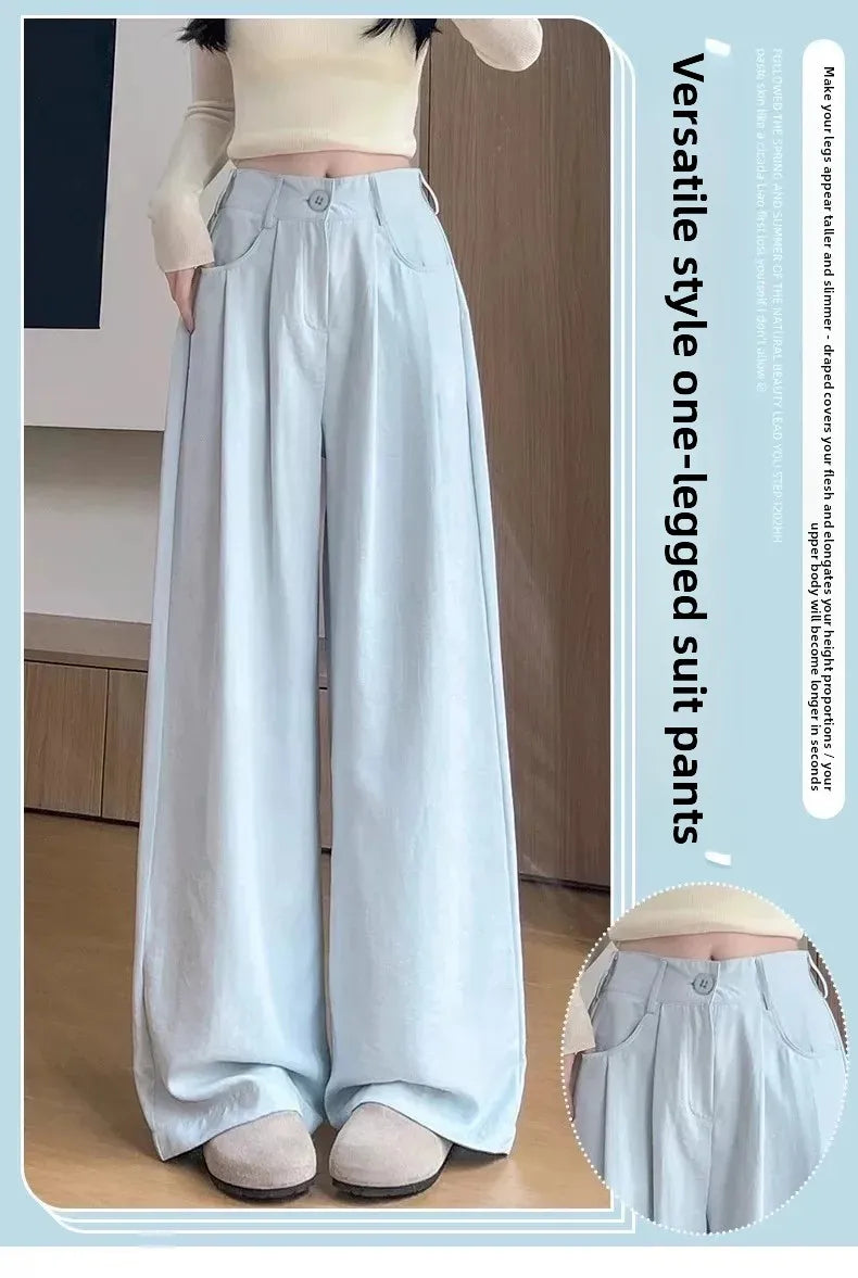 Ice Silk Drapey Wide Leg Pants Women's Summer Thin New Style Beige Color Nine Points Long Trousers Comfortable Fit Female Pants
