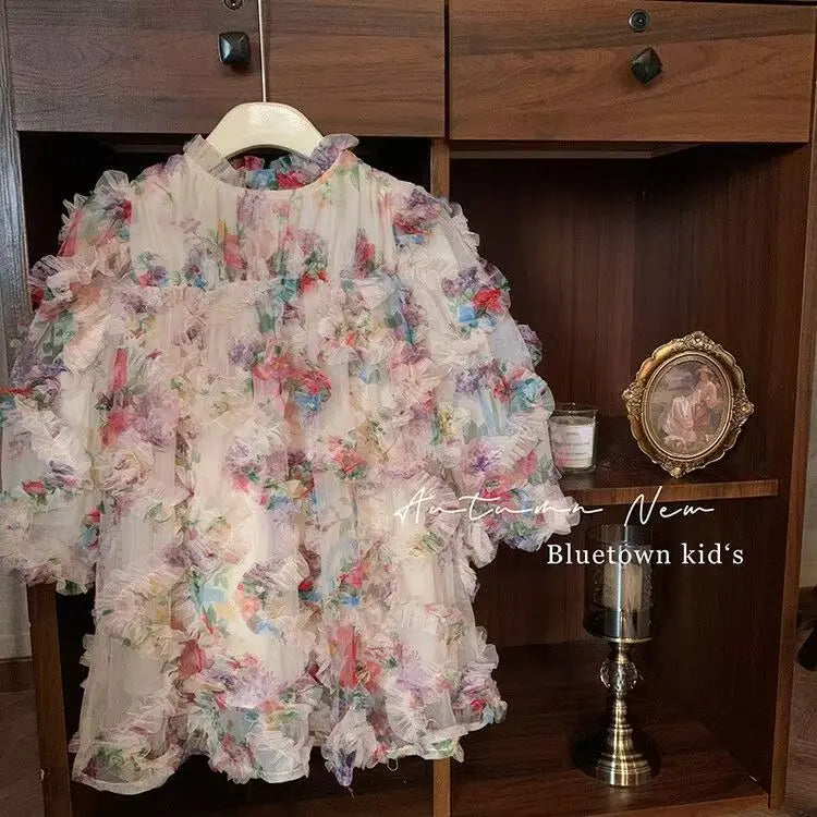 New Baby Girls floral print Fall Mesh Long Sleeve Dress Princess Kids Sweet Party Dresses