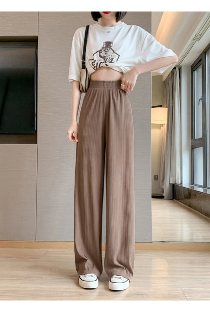 Thin Summer Wide-leg Pants Ice Filament Permeability Women Spring  Women Elastic Waist Stright Long Wide Leg Pants Casual Female