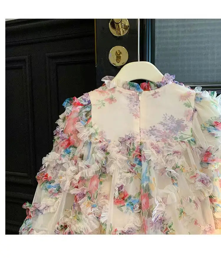 New Baby Girls floral print Fall Mesh Long Sleeve Dress Princess Kids Sweet Party Dresses