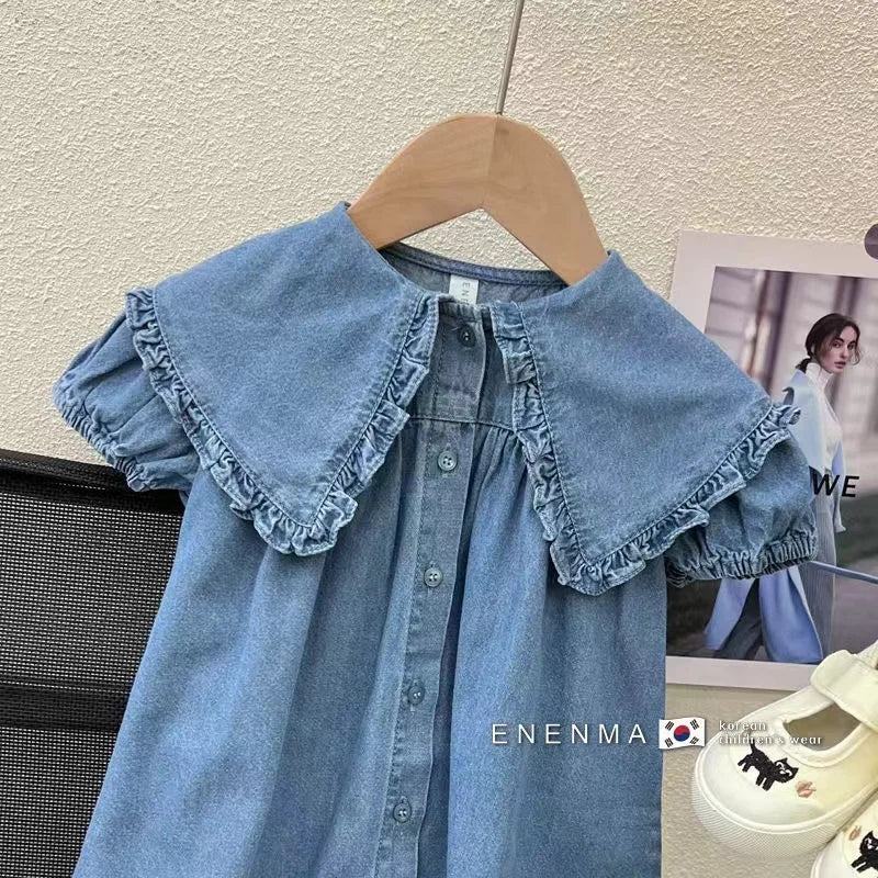 Children's Dress Summer Girl's Fashionable Bubble Sleeves Denim Dress Baby Cotton Short Sleeves Flip Collar Princess Dress