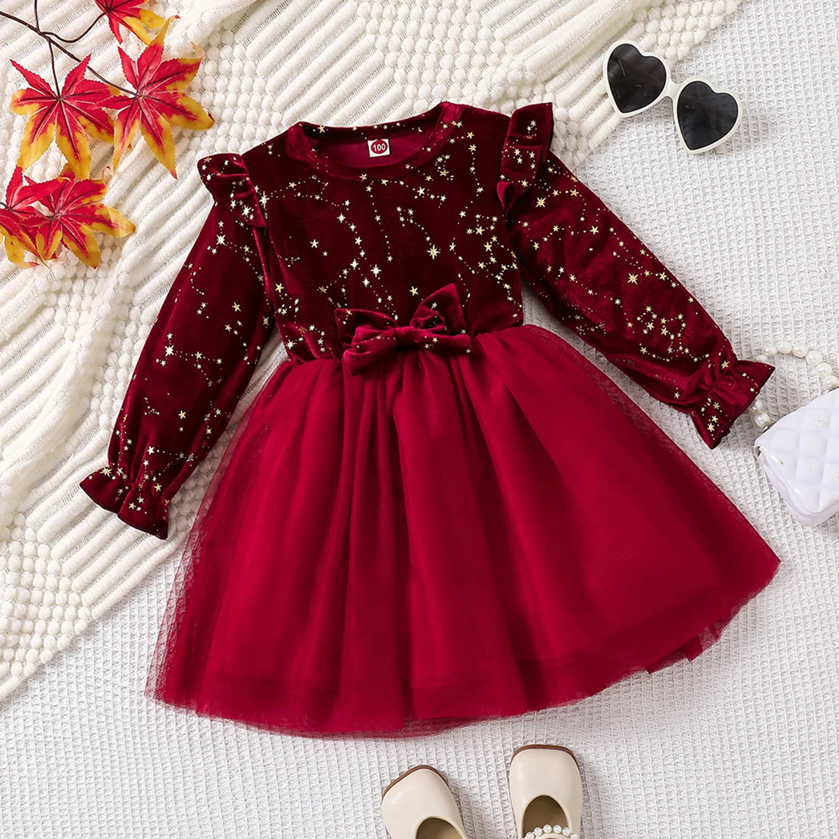 Toddler Girl Party Dress Autumn Winter  Years Children Christmas And New Year Princess Dress Red Velvet Gown Stars Mesh Dress