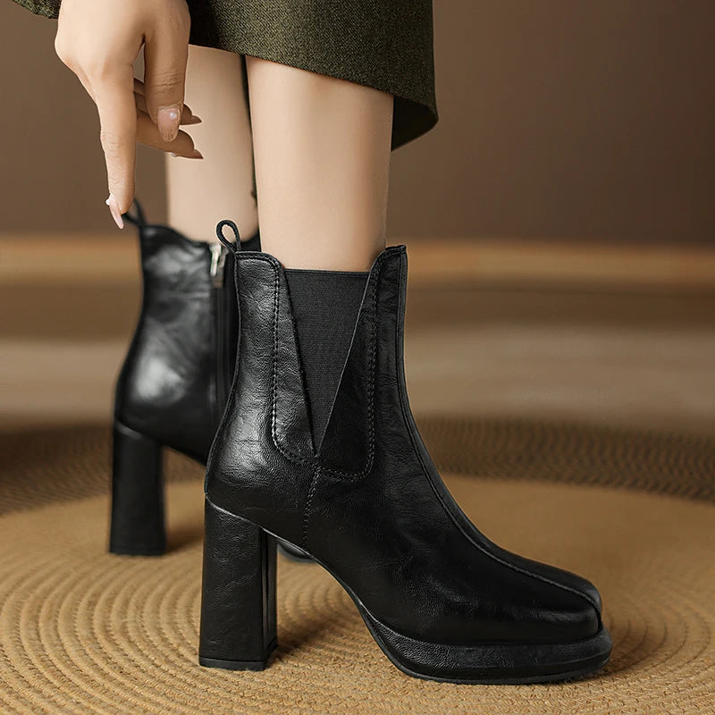Autumn/Winter Women Boots Round Toe High Heel Shoes for Women Leather Boots Women Handemade Shoes Ankle Boots Ladies Shoes