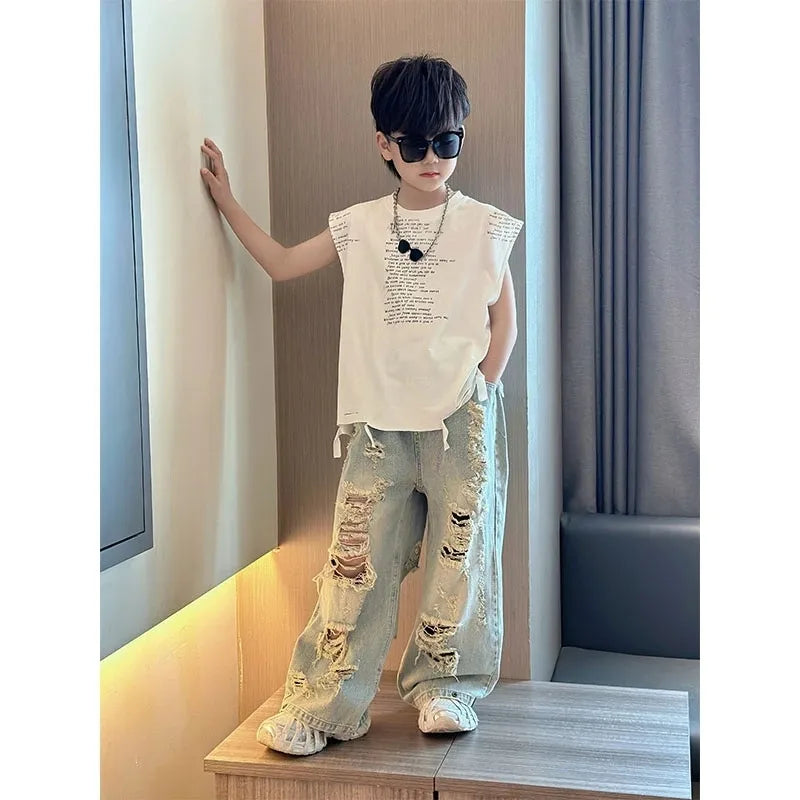 Boys' Summer Set Fashionable New Children's Casual Irregular Hole Jeans+Tank Top T-shirt 2-piece Set