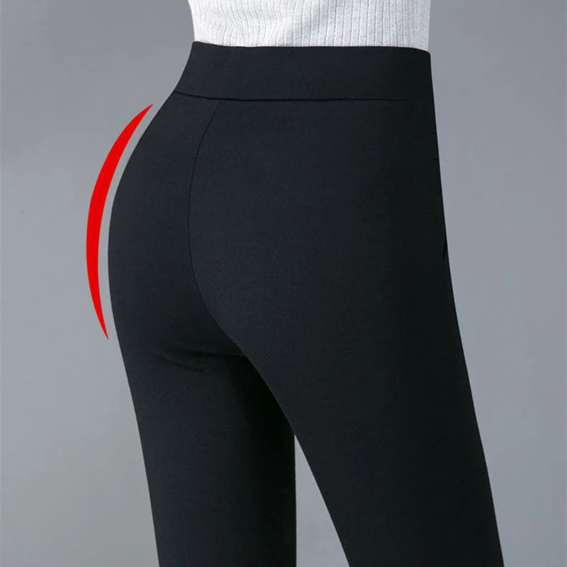 Autumn Winter Casual Elegant Office Slimming Solid Color Fleecing Thick Thin Women's Pants Elastic Waist Tight Pencil Pants