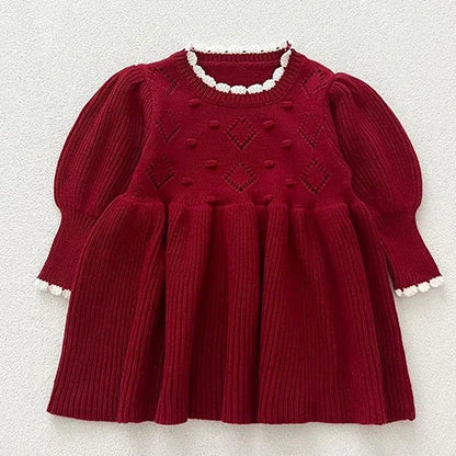 2024 New Autumn Kids Princess Dresses Long Sleeved Knitted Splicing Baby Girl Knitting Party Dress Children Knitting Clothes