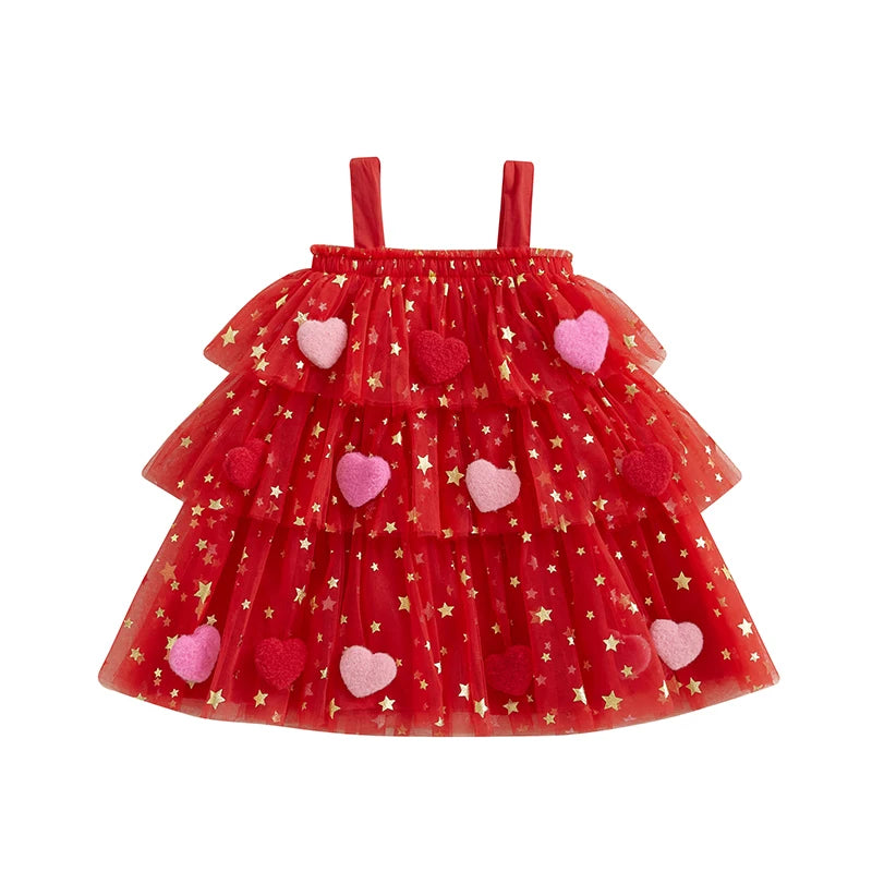 New Girls Dress Sweet Summer Kids Girl 3D Heart Tulle Dress Princess Children Sleeveless Birthday Vestidos Holiday Wear