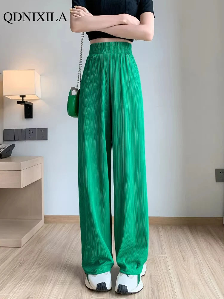 Spring Summer Ice Silk Wide Leg Pants for Women Korean Thin Chiffon High Waist Saggy Loose Straight Casual Fashion Trousers