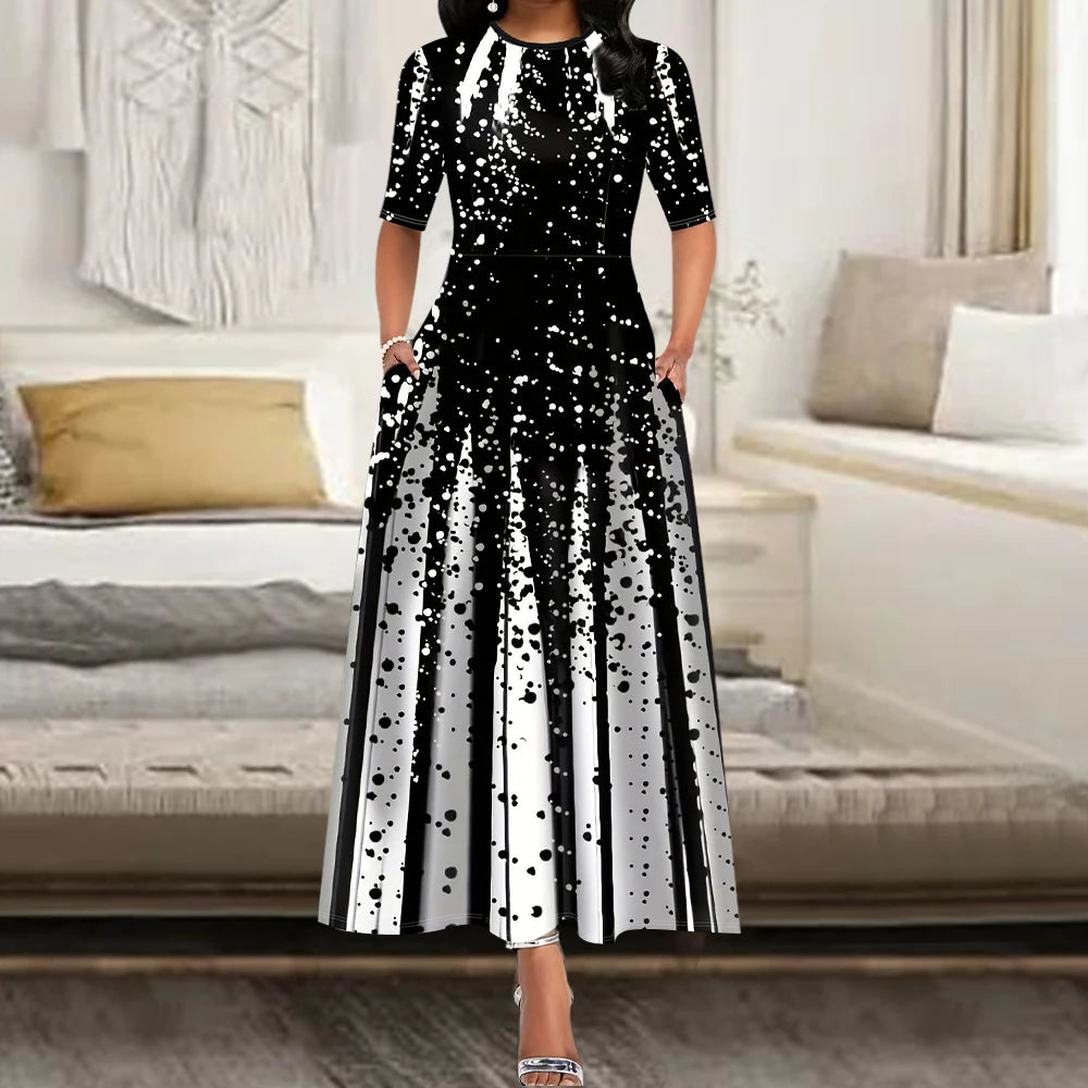 Women's Elegant Party Long Dresses Loose Round Neck Short Sleeves Retro Printed Casual Long Dress