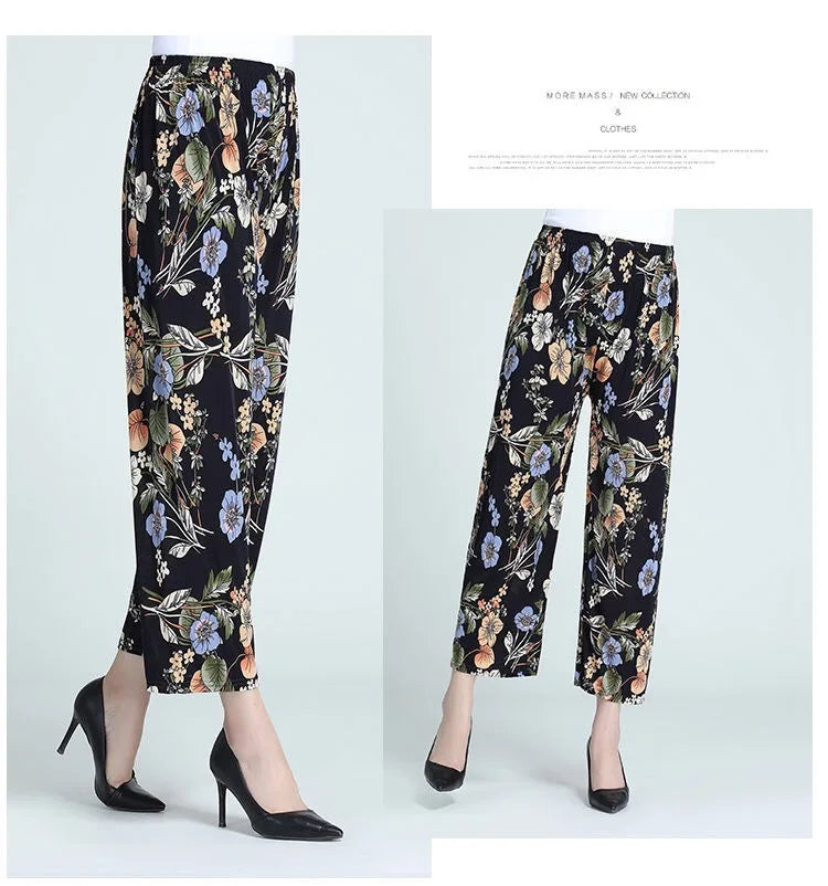 Summer Ladies Ice Silk Loose Casual Home Pants Elastic plus Size Mom Square Sports High Waist Straight Leg Length Nine Points