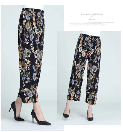 Summer Ladies Ice Silk Loose Casual Home Pants Elastic plus Size Mom Square Sports High Waist Straight Leg Length Nine Points