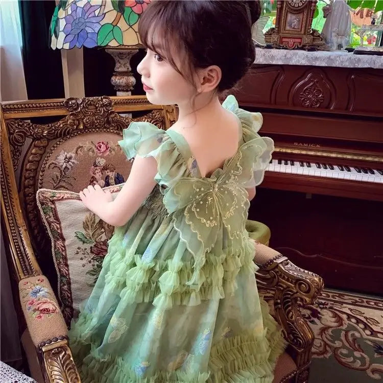 Baby Girls' Summer and Spring New Dress Butterfly Mesh Princess Fashion and Beautiful Kids Outwear Evening Dress