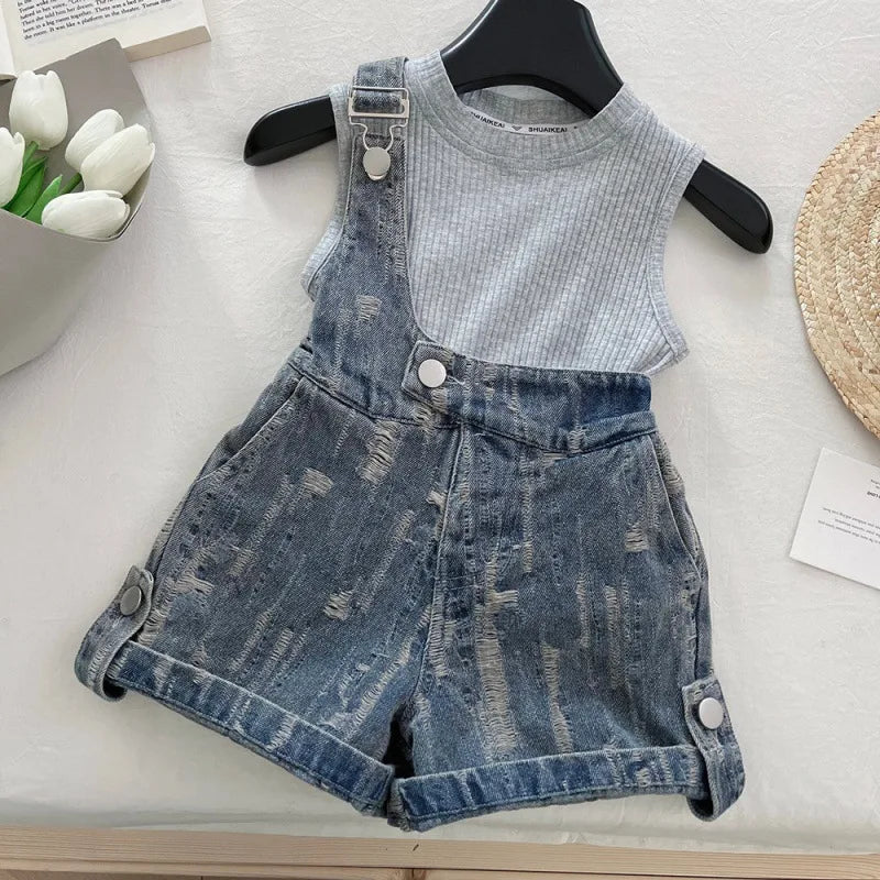 Girls' Clothing Set Sleeveless Top+printed Denim Shorts Two-piece Set for Girls Fashion Suits