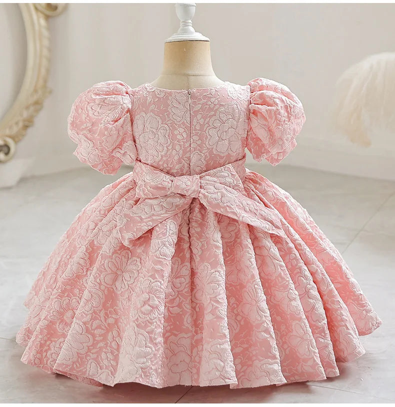 New Bubble Sleeve Girl's First Year Dress Wedding Flower Girl's Birthday Dress Bowknot Sweet Lovely Puffy Dress