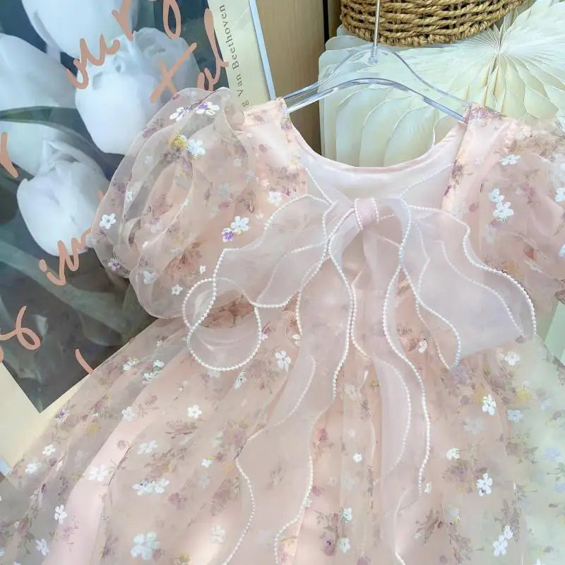 Girls Flower Sweet Gentle Pink Princess Skirt Childrens Ball Gown Puff Sleeve Dress