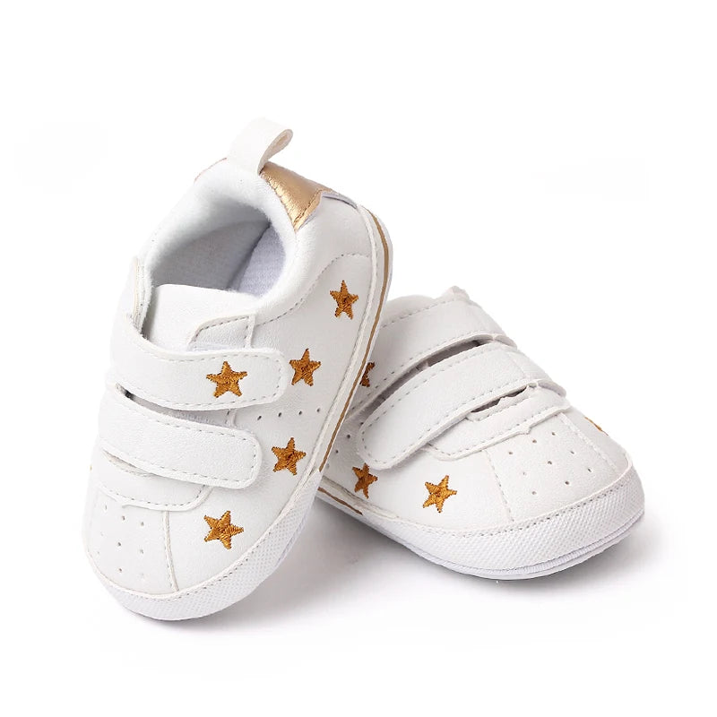 Baby White PU Sneaker Non-slip for Toddler Boys and Girls Cute Embroidery Stars and Hearts
