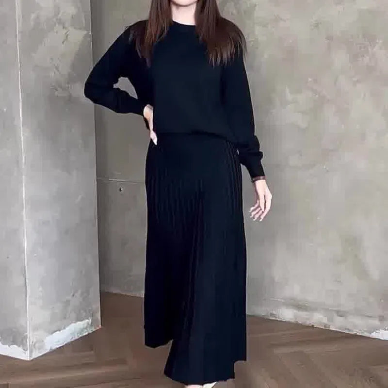 Women Eid Muslim Dresses Musulman Ensemble Two Pieces Arab Dubai Kaftan O Neck Solid Tops Morocco Pleated Skirts Casual