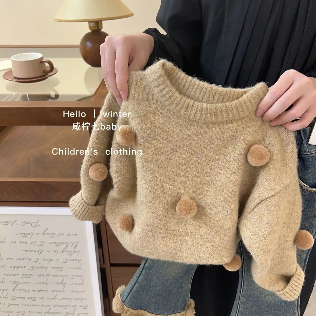 Autumn Tops's Girls Knitted Pullover Sweater Casual Simple Balloon Top Coat Winter Baby Clothing Fur Ball Design 1PCS (Available)