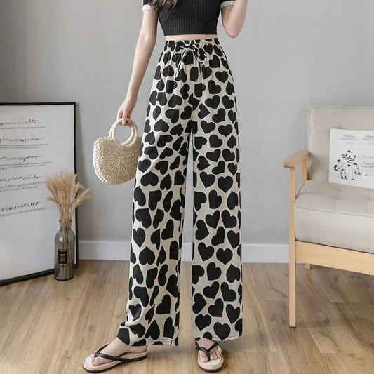 Thai Print Heart Wide Leg Pants Women Summer Thin Loose plus Size High Waist Slimming Long Trousers Casual Fashion plus Size