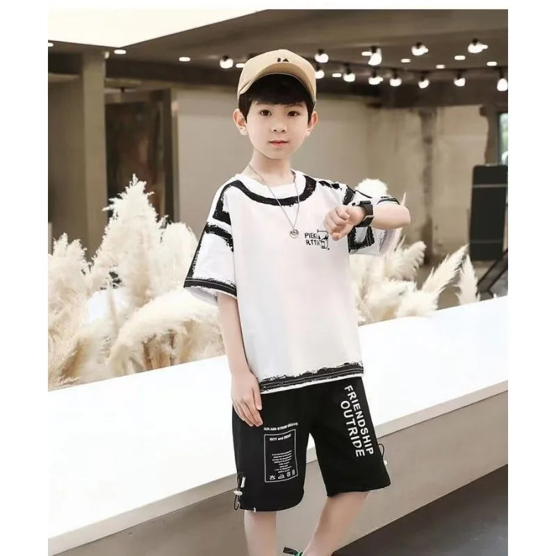 Boys' summer fashion casual sports  T-shirt+pants suitable for boys' hip-hop style fashion clothing set, lightweight and