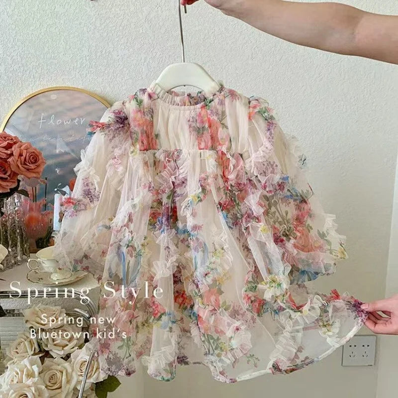 New Baby Girls floral print Fall Mesh Long Sleeve Dress Princess Kids Sweet Party Dresses