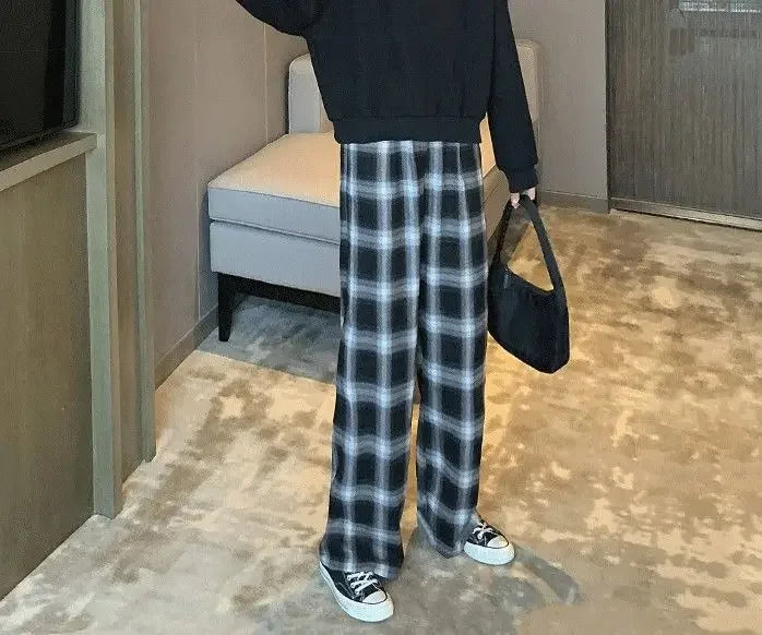 High Waist Plaid Wide Leg Pants Women Loose Straight Casual Slimming Spring Autumn New Style Chinese Brand AE Stock