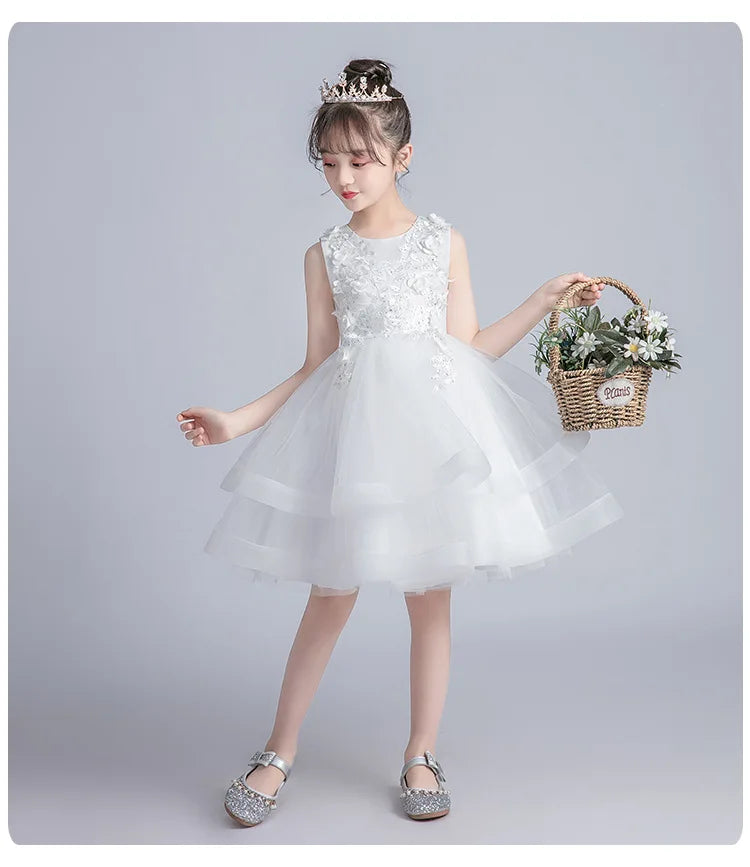 Kids Girls Layered Dress  Elegant Flower Girl Dresses for Wedding Birthday Party Children Festival Ball Gown