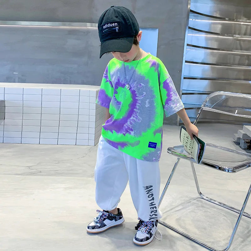 New Summer Fashion Boys T-shirts Tie-Dye Korean Short Sleeve Streetwear Boys Clothes Tshirt Top Tees
