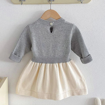 2024 New Autumn Kids Princess Dresses Long Sleeved Knitted Splicing Baby Girl Knitting Party Dress Children Knitting Clothes