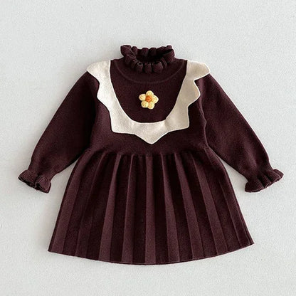 2024 New Autumn Kids Princess Dresses Long Sleeved Knitted Splicing Baby Girl Knitting Party Dress Children Knitting Clothes