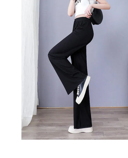 Ice Silk Wide Leg Pants Women's Summer 2024 New High Waist Drape Loose Slimming Straight Bla Floor-Length Casual Trousers