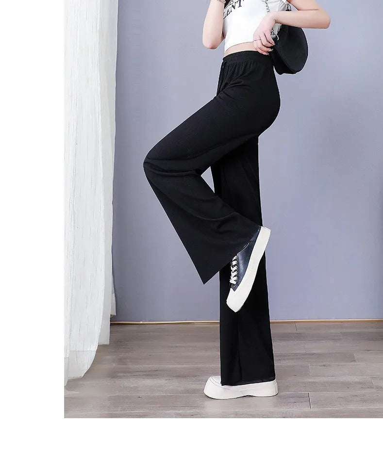 Ice Silk Wide Leg Pants Women's Summer  New High Waist Drape Loose Slimming Straight Bla Floor-Length Casual Trousers