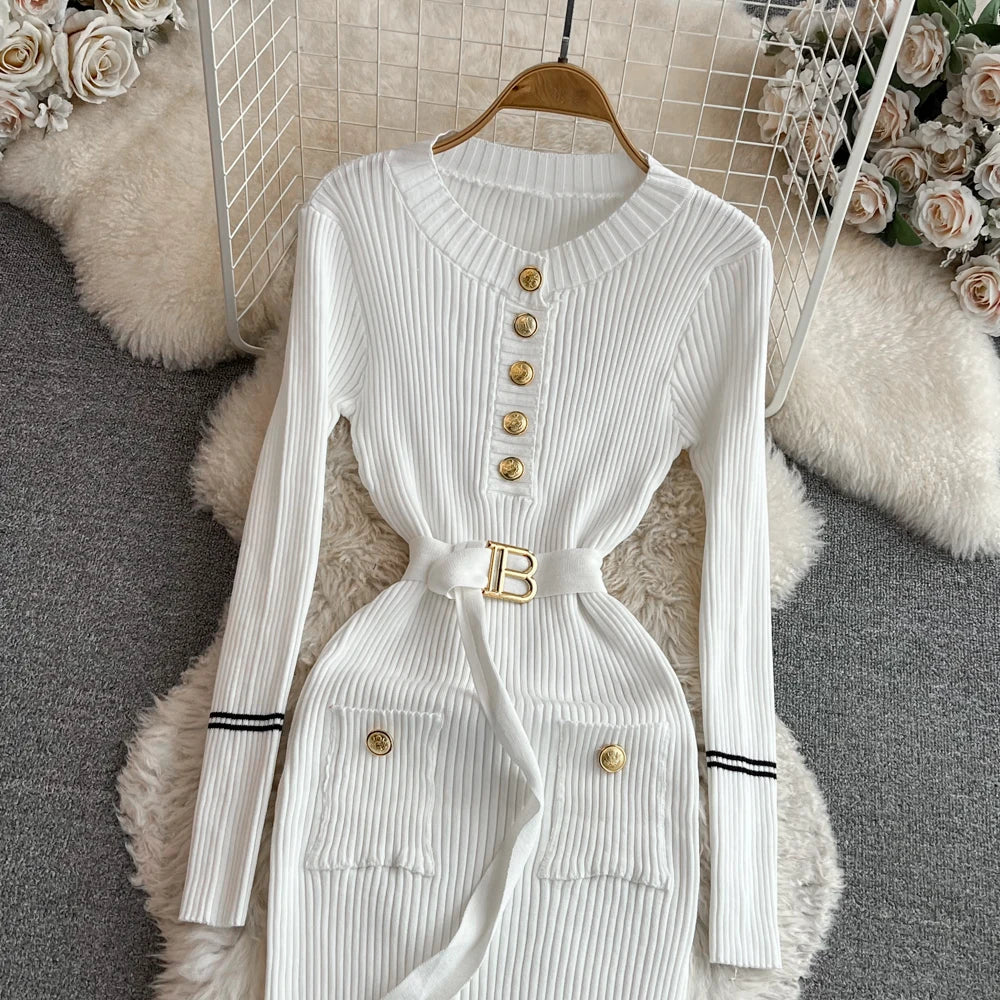 Women Dress  Autumn Winter Elegant Rib Knit Long Pencil Dress with Belt Office Lady Bodycon Sweater Dress Vestidos