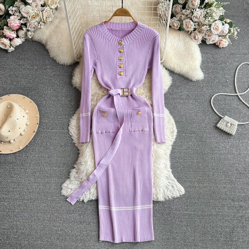 Women Dress  Autumn Winter Elegant Rib Knit Long Pencil Dress with Belt Office Lady Bodycon Sweater Dress Vestidos
