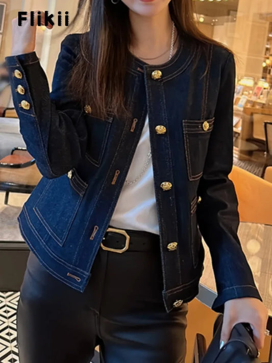 Korean Fashion Single Breasted Long Sleeve Coat 2024 Autumn Women's Casual Solid Elegant Round Neck Baggy Retro Denim Jacket