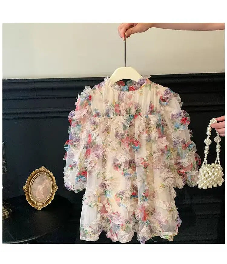 New Baby Girls floral print Fall Mesh Long Sleeve Dress Princess Kids Sweet Party Dresses
