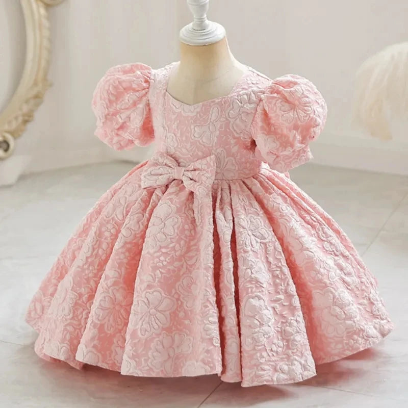 New Bubble Sleeve Girl's First Year Dress Wedding Flower Girl's Birthday Dress Bowknot Sweet Lovely Puffy Dress