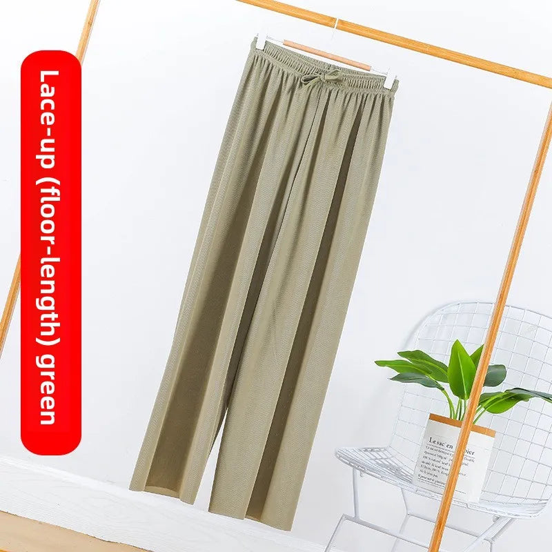 Ice Silk Wide Leg Pants Women's Summer  New High Waist Drape Loose Slimming Straight Bla Floor-Length Casual Trousers