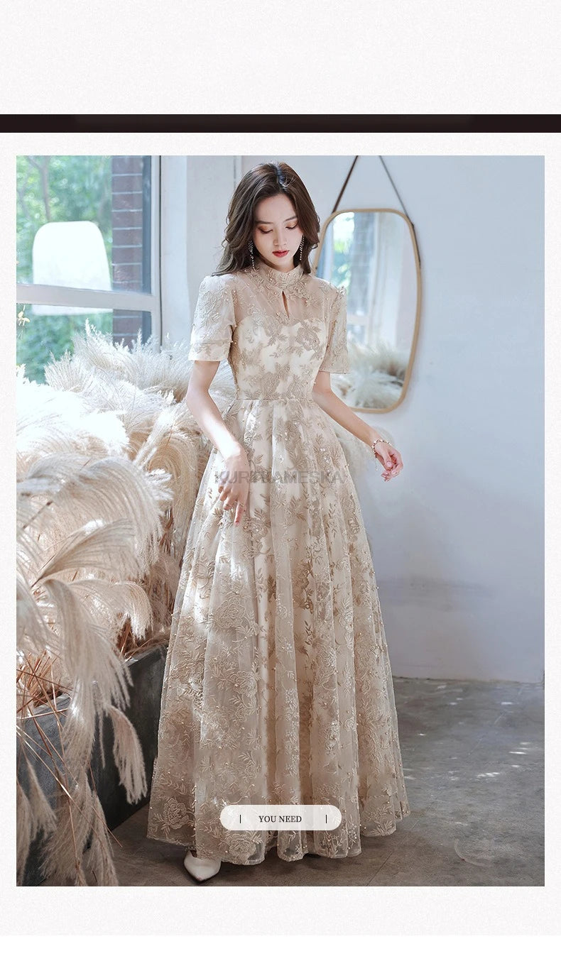 Elegant High Collar Evening Prom Bridesmaid Banquet Party Ball Dress Gown Short Sleeve Flower Embroidery Appliques Formal Dress