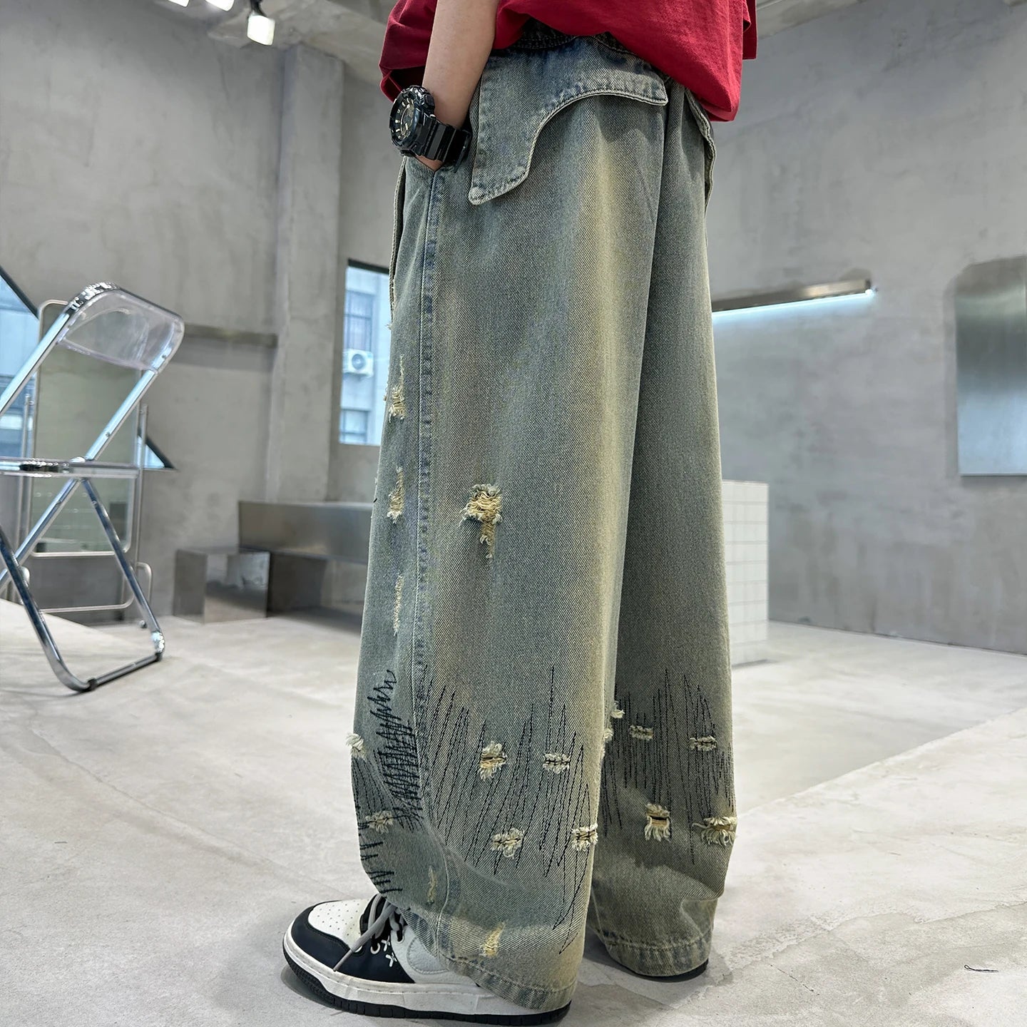 Korean Boy Luxury Hip Hop y2k Baggy Ripped Jeans Kids High Street Fashion Hiphop Rap Dance Denim Pants Child Performance Trouser