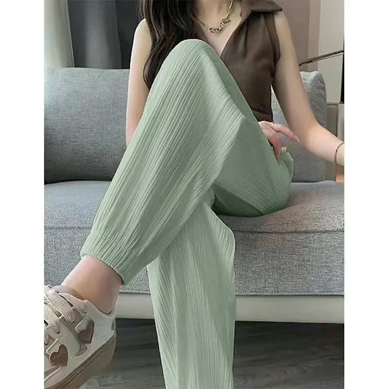 High Waist Lantern Pants Women's Loose Fit Summer Spor Casual Thin Ice Silk Drapey Two-Piece Set Commute Sle Korean Faion