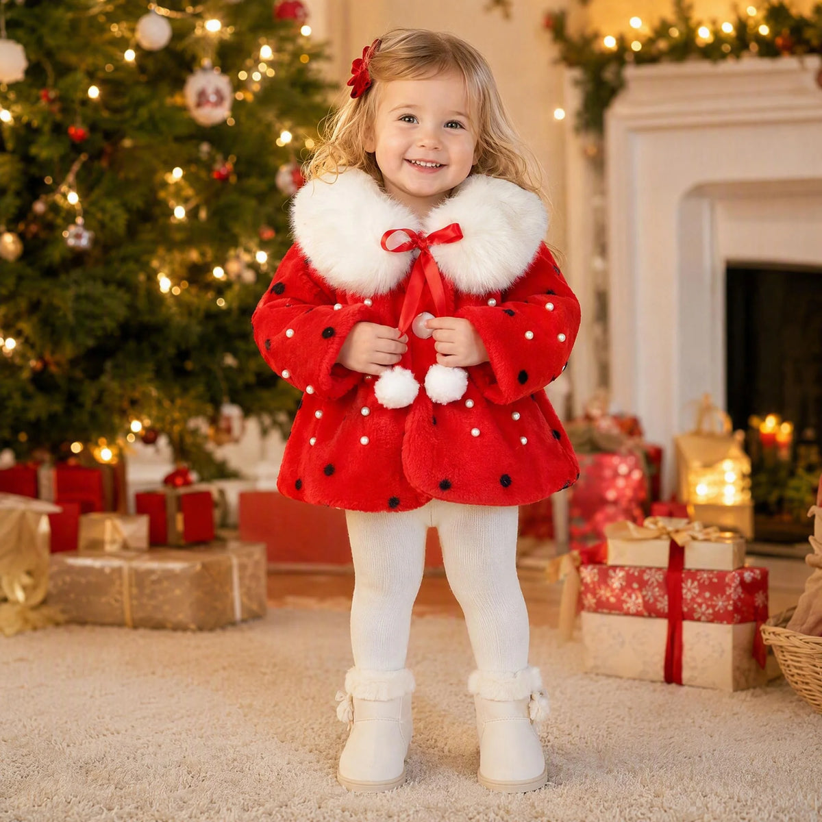 Girls Winter Fleece Cape Cloak with Faux Fur Collar Polka Dot Pearl Bowknot Warm Poncho Coat for Toddler Baby Girl Autumn Outerw
