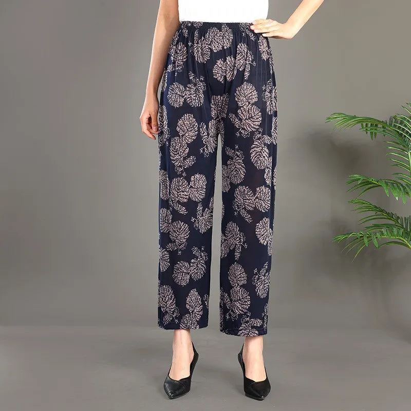 Summer Ladies Ice Silk Loose Casual Home Pants Elastic plus Size Mom Square Sports High Waist Straight Leg Length Nine Points