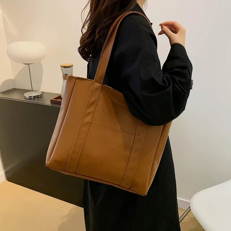 Simple Large Capacity Tote Bags for Women Retro Pu Leather Ladies Shoulder Bag Commuter Portable Girls Student Underarm Handbag