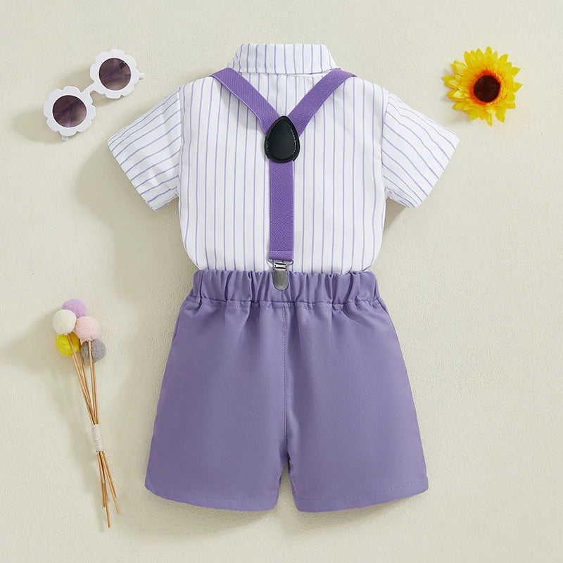 Boy Gentleman Outfit Vertical Stripe Print Short Sleeves Shirt with Bow Tie and Suspender Shorts Set for Formal Wear
