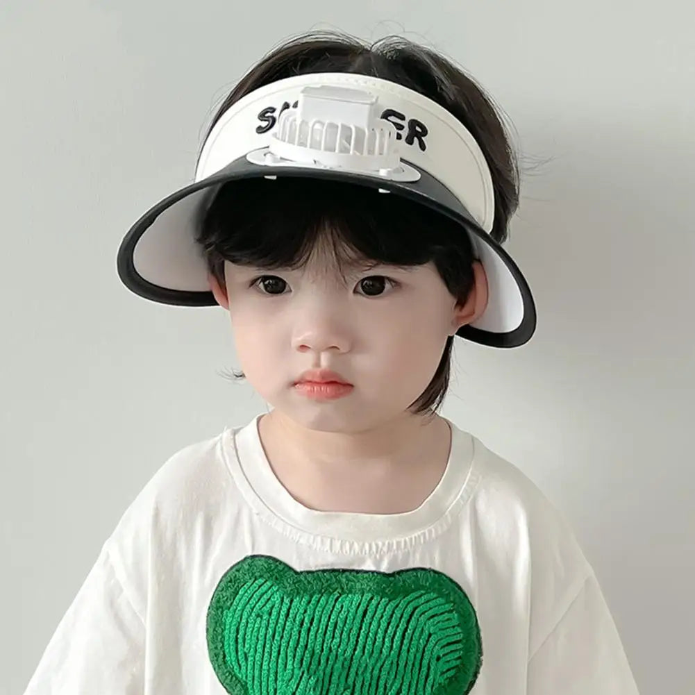 Summer Children Sun Hat with Mini Cooling Fan Empty Top Wide Brim Visor Hat Hiking Travel Sunscreen Hat Girls Boys Outdoor Sun P